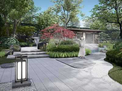 Rockery Stones In Traditional Chinese Garden With Trees Green Plants Stone Pathway And Decorative Lantern 3d model