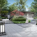 Rockery Stones In Traditional Chinese Garden With Trees Green Plants Stone Pathway And Decorative Lantern