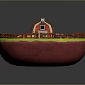 Scenic Miniature Landscape With Red Roof Barn Green Grass Wooden Fence And Pumpkin Patch