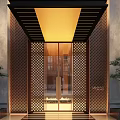 Modern Storefront Facade With Perforated Metal Panels Glass Door Warm Lighting And Green Plants