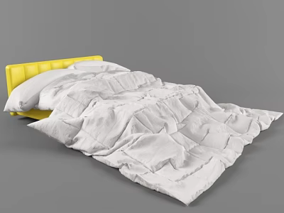 Double Bed With Yellow Headboard White Quilt And Pillows Modern Style 3d model