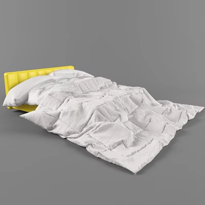 Double Bed With Yellow Headboard White Quilt And Pillows Modern Style 3d model