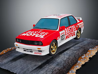 Red and white racing car with BASTOS MOTUL logos number 83 on track surface 3d model