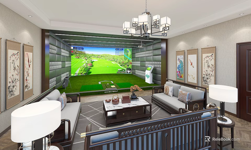 Modern Indoor Golf Fitness Training Room With Simulator And Comfortable Seating 3d model 