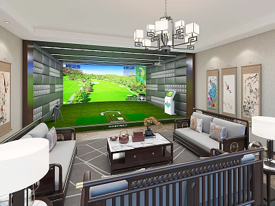 Modern Indoor Golf Fitness Training Room With Simulator And Comfortable Seating 3d model