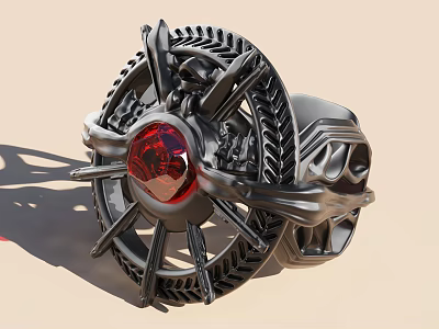 Intricate Mechanical Pendant Jewelry Featuring Red Gemstone And Metallic Gears 3d model