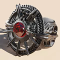 Intricate Mechanical Pendant Jewelry Featuring Red Gemstone And Metallic Gears