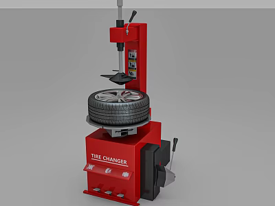 Red Tire Changer Industrial Equipment With Mounted Tire And Operational Components 3d model