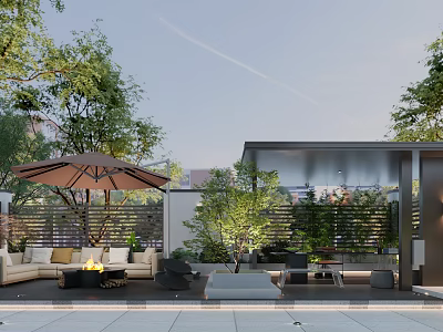 Modern Garden Landscape With Outdoor Sofa Fire Pit Umbrella And Lush Trees 3d model