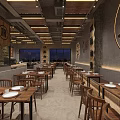 Modern Industrial Restaurant Interior With Wooden Tables Bar Counter Chinese Decor And Pendant Lights