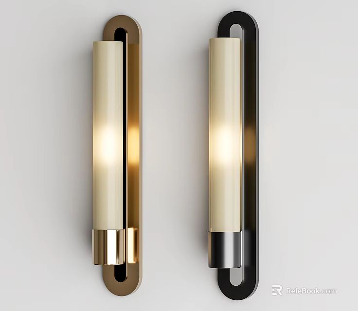 Modern Brass And Black Wall Lamps With White Cylindrical Illuminated Shades Mounted On Wall 3d model 