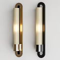 Modern Brass And Black Wall Lamps With White Cylindrical Illuminated Shades Mounted On Wall