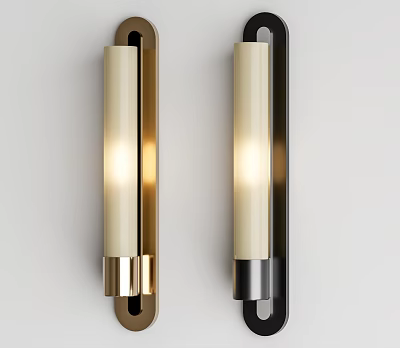 Modern Brass And Black Wall Lamps With White Cylindrical Illuminated Shades Mounted On Wall 3d model