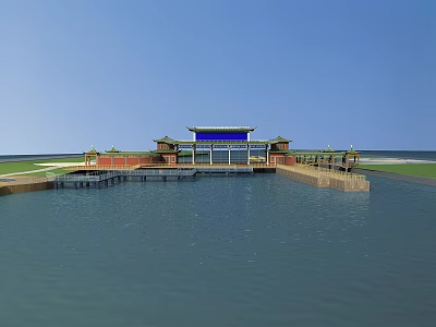 Aerial View Planning of Waterfront Area With Traditional Pavilions Blue Roof Building and Platforms 3d model