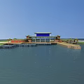 Aerial View Planning of Waterfront Area With Traditional Pavilions Blue Roof Building and Platforms