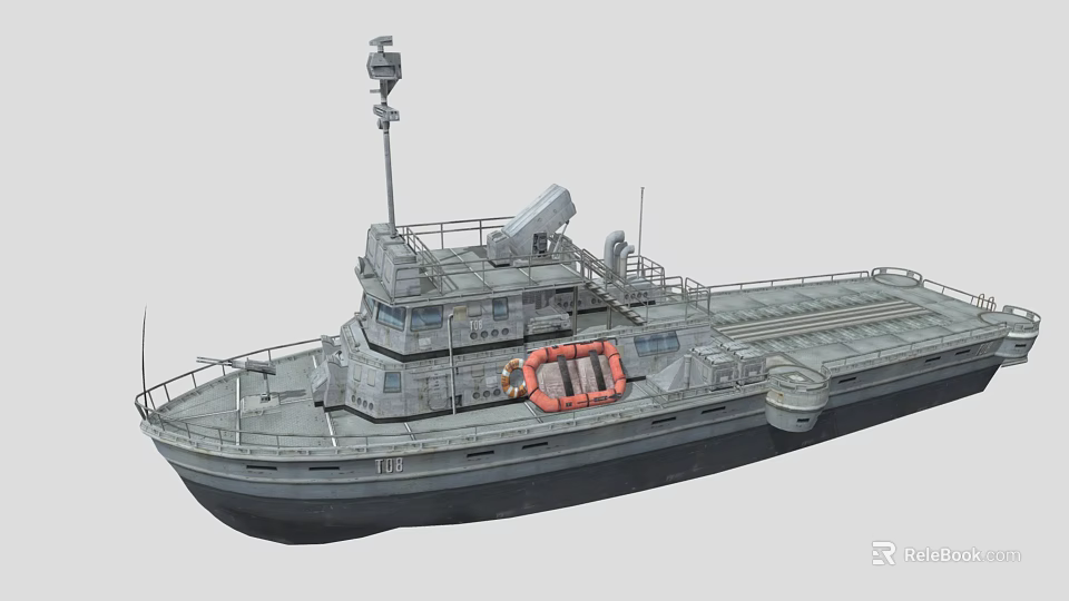 Gray Work Ship Deck With Orange Lifebuoy Upper Structure And Antenna 3d model
