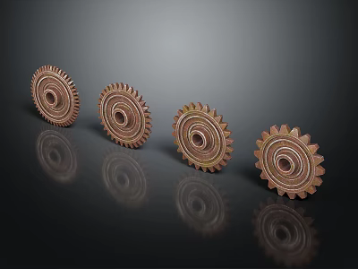 Copper Colored Hardware Tool Gears With Toothed Edges Arranged On Black Background With Reflections 3d model