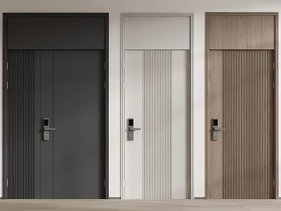 Three Modern Security Doors in Black White Brown with Vertical Stripes and Stainless Steel Handles 3d model