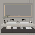 Modern Bathroom Vanity Cabinet with Double Sinks Countertop Mirror Lighting and Towels