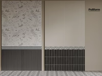 Black And White Geometric Floor Tiles For Modern Interior With Patterned Walls 3d model