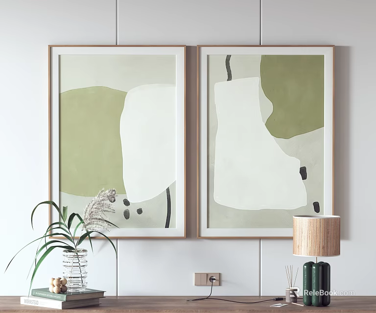Two Abstract Paintings with Green and White Shapes in Light Frames for Home Decor 3d model 