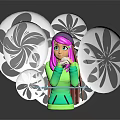 Pink Haired Cartoon Character In Green Hoodie And Headphones Surrounded By White Flower Creatures