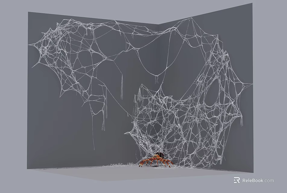 Small Orange and Black Reptile On Intricate White Spider Web Against Gray Background 3d model 