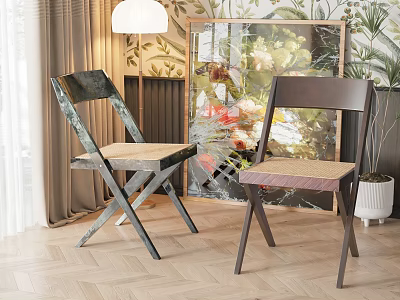 Modern Dining Chairs With Wooden Back And Woven Seat In Living Room With Decorative Painting 3d model