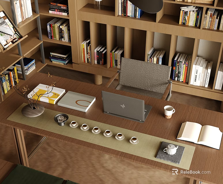 Home Office Supplies On Wooden Desk With Laptop Open Book Coffee Cup And Bookshelves 3d model 