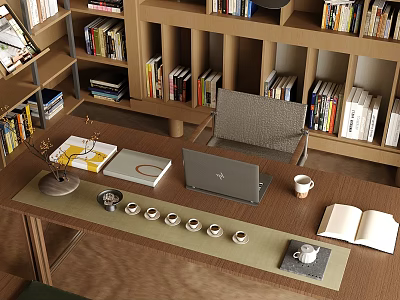 Home Office Supplies On Wooden Desk With Laptop Open Book Coffee Cup And Bookshelves 3d model