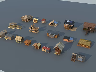 Various Wooden House Models With Different Roof Styles And Structures 3d model