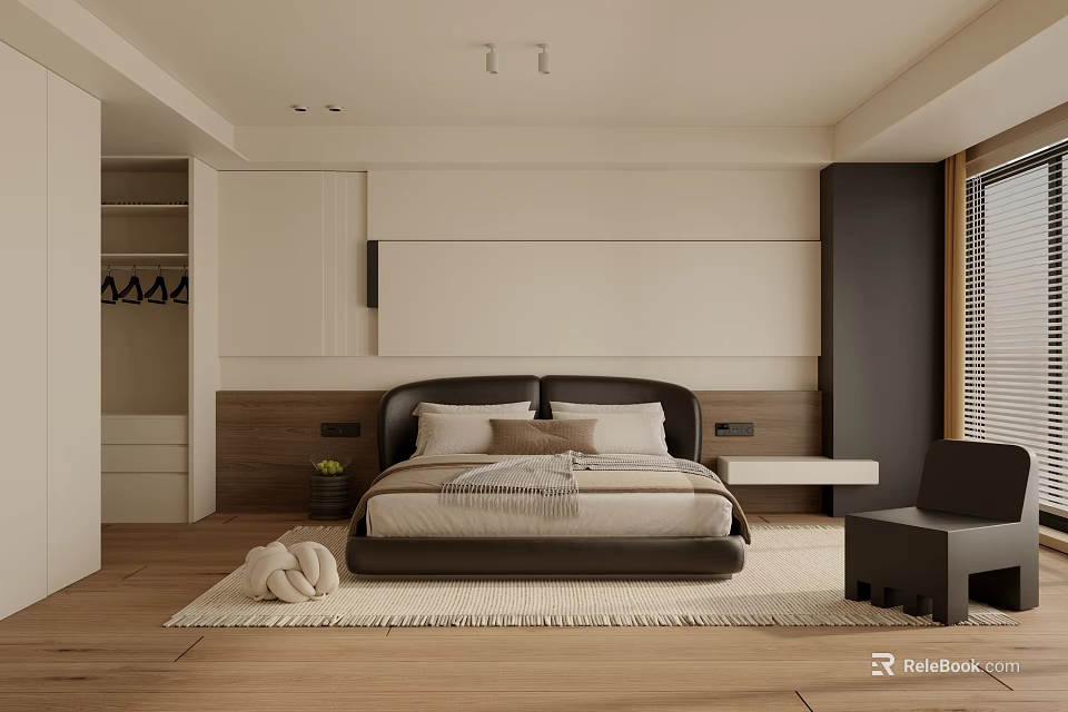 Modern Minimalist Bedroom With Dark Headboard Bed Pillows Blanket Wooden Floor And Area Rug 3d model 
