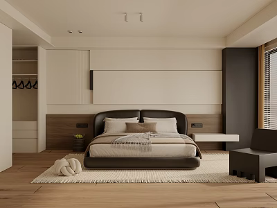 Modern Minimalist Bedroom With Dark Headboard Bed Pillows Blanket Wooden Floor And Area Rug 3d model