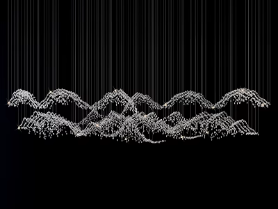 Crystal Chandelier With Suspended Strings And Crystal Elements Forming Wave Like Patterns Against Black Background 3d model