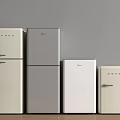 Various Stylish Retro Modern Refrigerators Freezers In Gray Wall Wood Floor