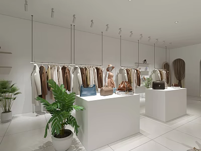 Modern Clothing Store with Hanging Clothes Mannequins Display Counters Bags and Green Plants 3d model