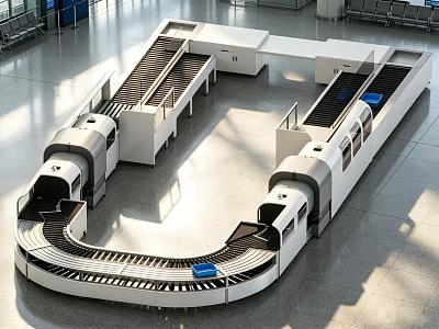 Industrial Baggage Handling Equipment With Curved Conveyor Modules And Blue Bins 3d model