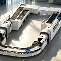 Industrial Baggage Handling Equipment With Curved Conveyor Modules And Blue Bins