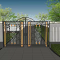 Architectural Exterior Wall Featuring Ornate Iron Gate Stone Path And Greenery 3d model
