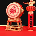 Chinese New Year Traditional Decorations With Red Lanterns Drums And Couplets