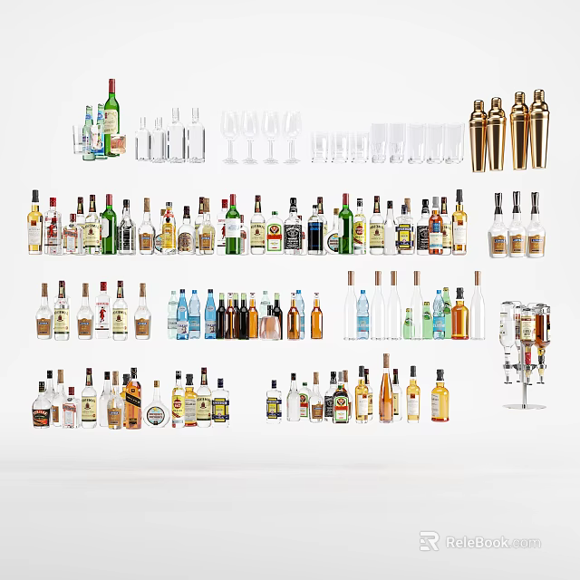 Various Alcohol Bottles and Wine Glasses Displayed in Assorted Colors Shapes and Sizes 3d model 