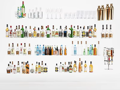 Various Alcohol Bottles and Wine Glasses Displayed in Assorted Colors Shapes and Sizes 3d model