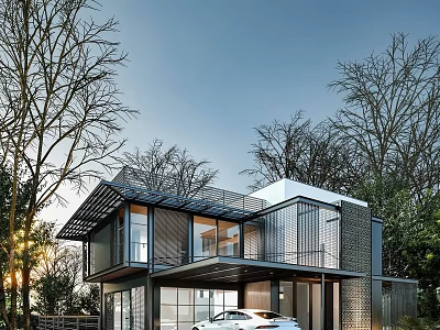 Modern Glass Facade Two Story Detached Villa With Garage And Trees Around 3d model