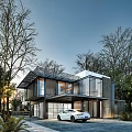 Modern Glass Facade Two Story Detached Villa With Garage And Trees Around