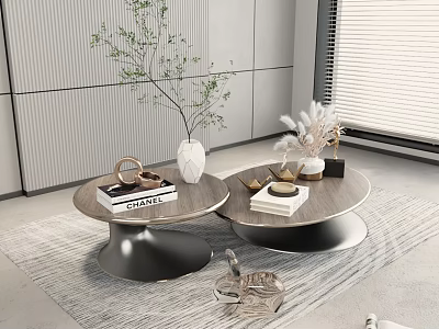Modern Round Coffee Table Set With Wooden Top Metal Base And Books Vase Green Plant 3d model