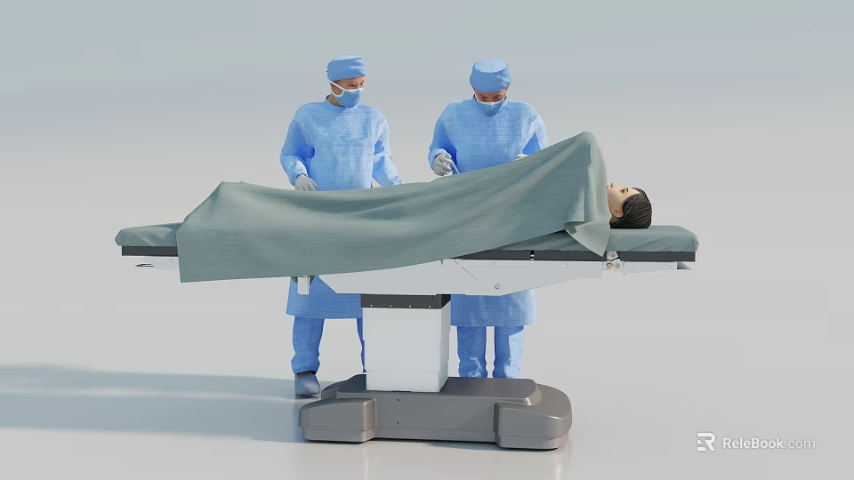 Two Surgeons Performing Medical Operation On Operating Table With Patient Covered In Green Sheet 3d model 