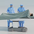 Two Surgeons Performing Medical Operation On Operating Table With Patient Covered In Green Sheet