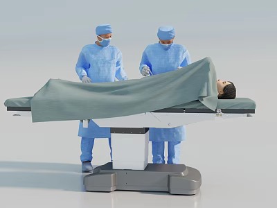 Two Surgeons Performing Medical Operation On Operating Table With Patient Covered In Green Sheet 3d model