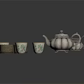 Traditional Tea Set With Silver Teapot Sugar Bowl Patterned Cups And Metal Mugs