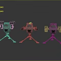 Three Futuristic Mechanical Robots With Tripod Legs And Tech Equipment Design 3d model